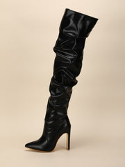 Pleated Thigh High Boots Pointed Toe Zip Stiletto Square Heels Shoes