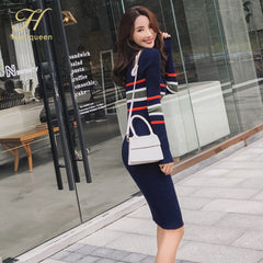 Han Queen autumn new Pencil Dresses knit color matching striped sweater