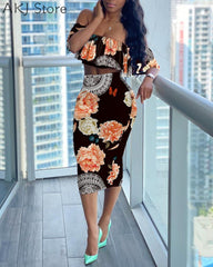 2 Piece Sets Floral Print Ruffles Off Shoulder Top &amp; Skirt Set