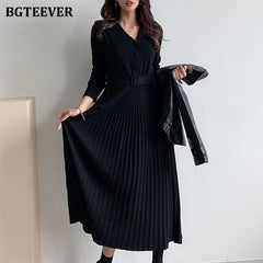 BGTEEVER Elegant V-neck Single-breasted Women Thicken Sweater Dress 2021 Autumn Winter Knitted Belted Female A-line soft dresses