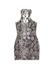 Snakes Knit Mini Dress Hollow Out Print Halter Sleeveless