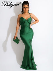 Lace Up Solid Satin Backless Maxi Dress