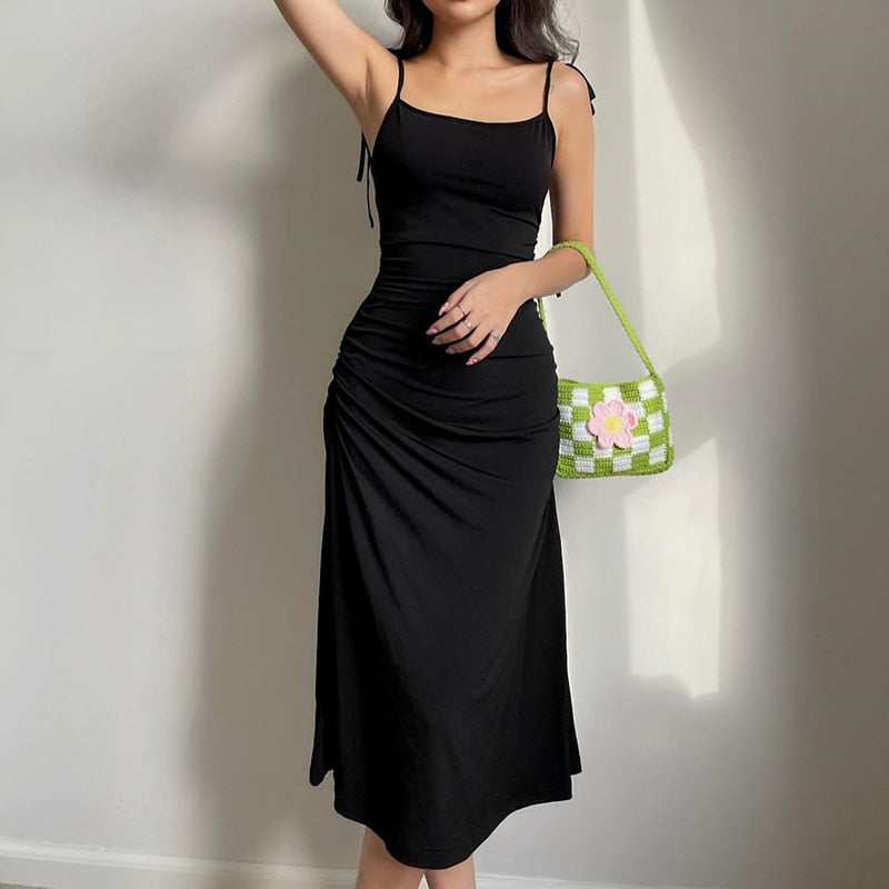 Strappy Ruched Sexy Black Dress Irregular Elegant Backless Long Dress