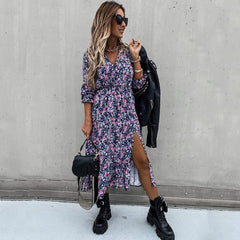 2021 Summer Women Vintage Dress High Waist Ruffle Lady Casual Dress Sexy V-Neck Elegant Floral Printed Puff Sleeve Female Dress