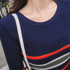 Han Queen autumn new Pencil Dresses knit color matching striped sweater