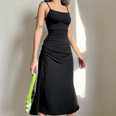 Strappy Ruched Sexy Black Dress Irregular Elegant Backless Long Dress