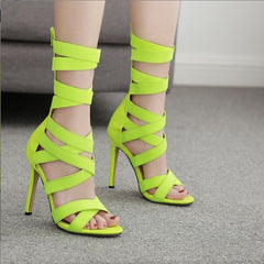 Autumn Fashion Fluorescent green Stretch Fabric Zipper Women Sandals Peep Toe High Heels Hollow Out Ankle Boots Sandals