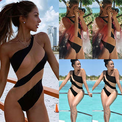 Mesh Patchwork Black One-Piece Swimsuit Hollow-Out Beachwear One Shoulder Bikini