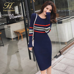 Han Queen autumn new Pencil Dresses knit color matching striped sweater