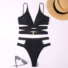 High Waist Bikini Solid Bandage Swimsuit Criss Cross Swimwear Bikini