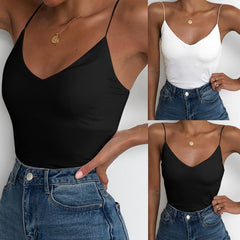 Spaghetti Strap Top V Neck Off Shoulder Sleeveless Solid Color Backless  Basic Tops Female Breathable 2020 Camisole