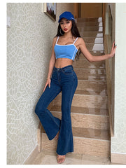 Flare Wide Legs Jeans Pants Vintage Denim Ladies Jeans High Waist Stretch Pocket Trousers