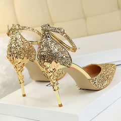 High Heels Sandals Scarpins Metal Heels Sandals Strap Stiletto Glitter Gold Pumps