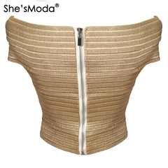 She&#39;sModa Luxury Gold Bandage Slash Neck Slim Women&#39;s Spandex Cropped Tops Vest Tank