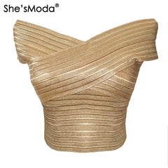 She&#39;sModa Luxury Gold Bandage Slash Neck Slim Women&#39;s Spandex Cropped Tops Vest Tank