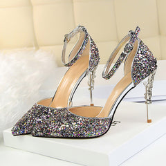 High Heels Sandals Scarpins Metal Heels Sandals Strap Stiletto Glitter Gold Pumps