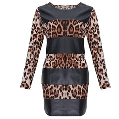 Bodycon Leopard Leather Splice Long Sleeve O-neck Mini Dress