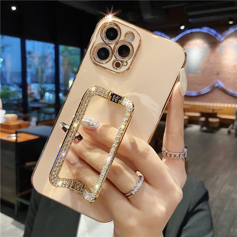 3D Crystal Square Holder Gold Plating Phone Case For iphone