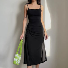 Strappy Ruched Sexy Black Dress Irregular Elegant Backless Long Dress