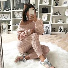 2 Piece Set Casual Knitted Tracksuit Sportswear Warm Sweater + Long Pants Outfits