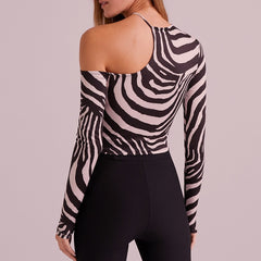 T-shirt Long Sleeve Strapless Irregular Zebra Print Top Short Top Y2K Tees Streetwear