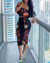 2 Piece Sets Floral Print Ruffles Off Shoulder Top &amp; Skirt Set