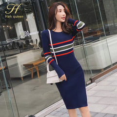 Han Queen autumn new Pencil Dresses knit color matching striped sweater