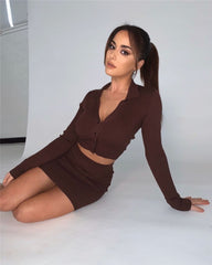 Lily's Two Piece Set Knitted Button Long Sleeve Crop Top+Mini Bodycon Skirts Casual Outfit