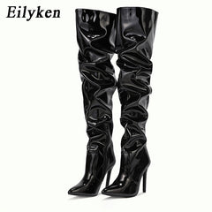 Pleated Patent Leather Motorcycle Over The Knee Pointed Toe Zip Thigh High boots