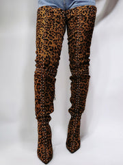 Stretch Thigh High Leopard Boots Over the Knee Boots Thin High Heel Long Shoes