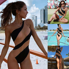 Mesh Patchwork Black One-Piece Swimsuit Hollow-Out Beachwear One Shoulder Bikini