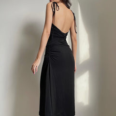 Strappy Ruched Sexy Black Dress Irregular Elegant Backless Long Dress