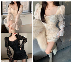 Lace Bodycon Party Dress Lantern Sleeve Gothic Mini Dress