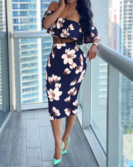 2 Piece Sets Floral Print Ruffles Off Shoulder Top &amp; Skirt Set