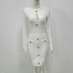 Women Spring Sexy Long Sleeve Key Hole Button White Mini Bodycon Bandage Dress 2021 Elegant Evening Party Dress Vestidos