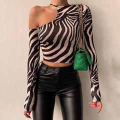 T-shirt Long Sleeve Strapless Irregular Zebra Print Top Short Top Y2K Tees Streetwear