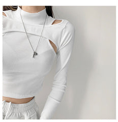 Hollow Knitted Crop Tops Women Fake Two-piece T-shirt Long Sleeve Tops
