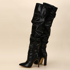 Pleated Thigh High Boots Pointed Toe Zip Stiletto Square Heels Shoes