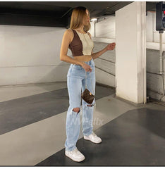 Loose Fit Jeans Ripped Wide Leg High Waist Blue Wash Casual Cotton Denim Trousers  Baggy Jean Pants