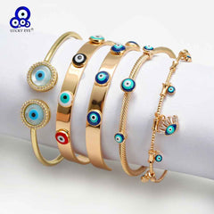 Lucky Eye Turkish Blue Evil Eye Bangle Copper Adjustable Fatima Hand Charm Cuff Bracelet