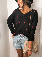 Fitshinling V Neck Embroidery Heart Sweater