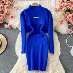 Elegant Slim Two Piece Sets Sweater Dress High Waist Knitted Ensemble Long Dress