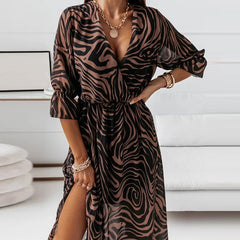 Women Dresses Sexy V Neck Retro Print Chiffon Maxi Dress Fashion Elastic Waist Side Splits Robe Elegant Long Sleeve Loose Dress