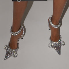 Transparent PVC Rhinestone Pumps Silver Pointed Toe Bowknot Sandals High Heels Crystal Shoes