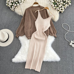 Elegant Slim Two Piece Sets Sweater Dress High Waist Knitted Ensemble Long Dress