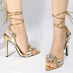 Sexy Ankle Strap Golded Sandals Crystal Diamond Pointed Toe