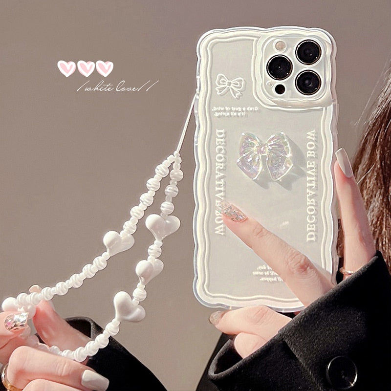 Cute Crystal Bow Lanyard Phone Case for iPhone 13 12 11 Pro Max Transparent Wave Wrist Chain Shockproof Back Cover