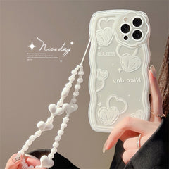 Cute Crystal Bow Lanyard Phone Case for iPhone 13 12 11 Pro Max Transparent Wave Wrist Chain Shockproof Back Cover