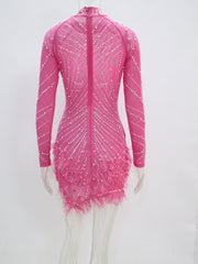 Luxury Rhinestones Pearls Feather Mini Dress