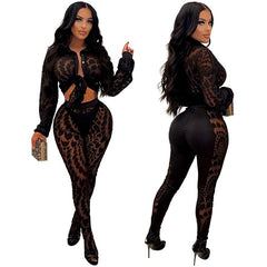 Black Sexy 2 Piece Sets Womens Outfits Party See Through Blouse Shirts Top + Leggings Pants Matching Sets for Women Club Outfits